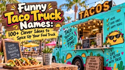 Funny taco truck names with a colorful food truck, tacos, and clever name ideas