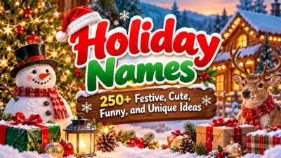 Holiday names featuring a festive Christmas scene with a snowman, reindeer, gifts, and winter decorations.