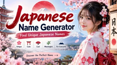 Japanese name generator banner with cherry blossoms, Mount Fuji, and a woman in a kimono
