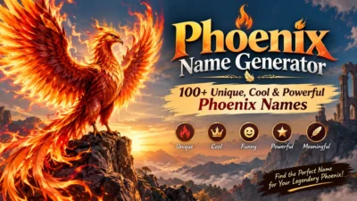 Fiery phoenix beside Phoenix Name Generator text featuring unique, cool and powerful phoenix names