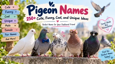 Five colorful pigeons showcasing cute, funny, cool, and unique pigeon names ideas