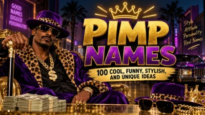 Stylish fictional character in purple and leopard print with Pimp Names text and cool name ideas