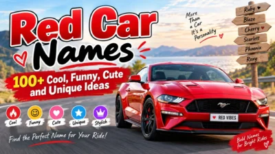 Red sports car with colorful red car names ideas for cool, funny, cute, stylish and unique vehicle naming