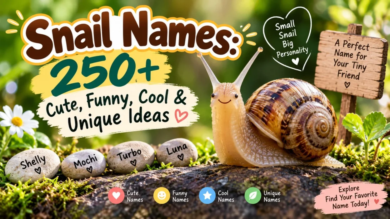 Snail names with 250+ cute, funny, cool, and unique ideas shown beside a charming garden snail