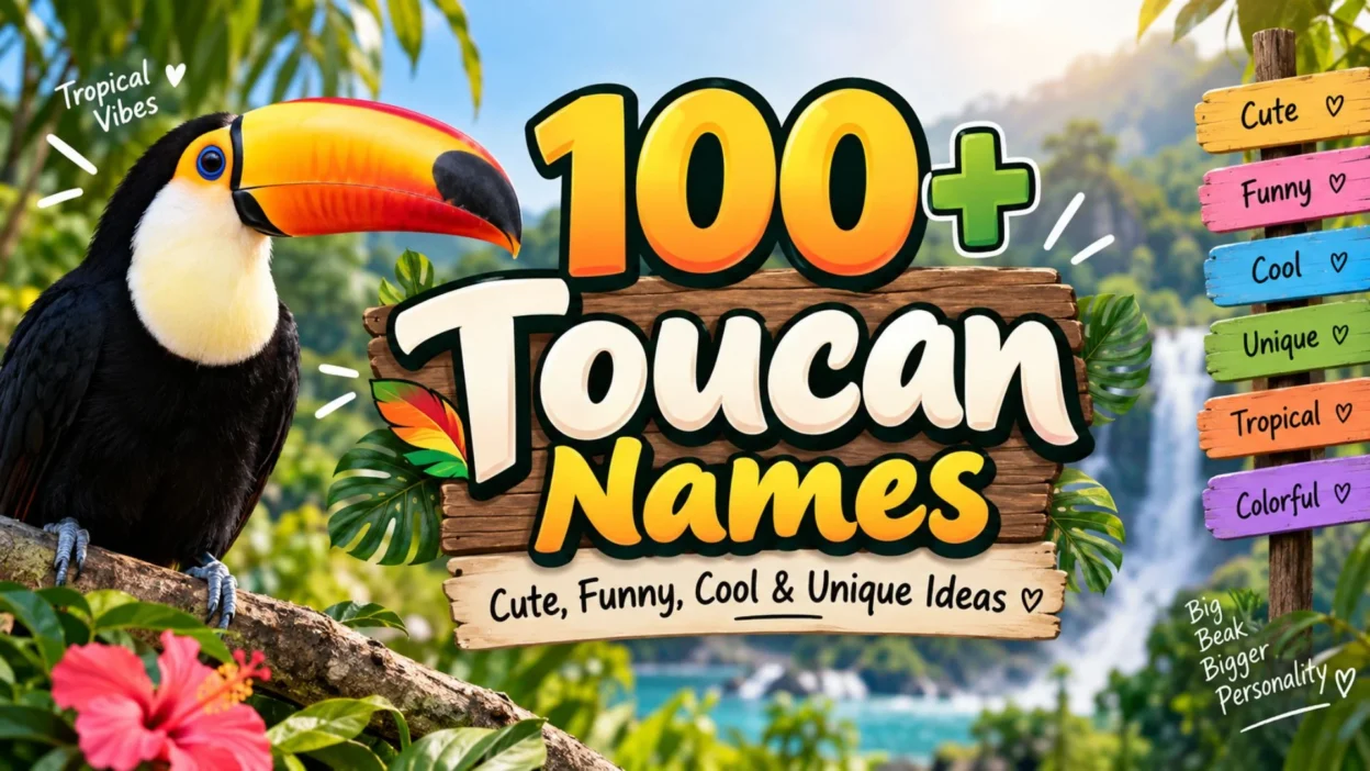 Colorful toucan in a tropical jungle with text promoting 100+ cute, funny, cool and unique toucan names
