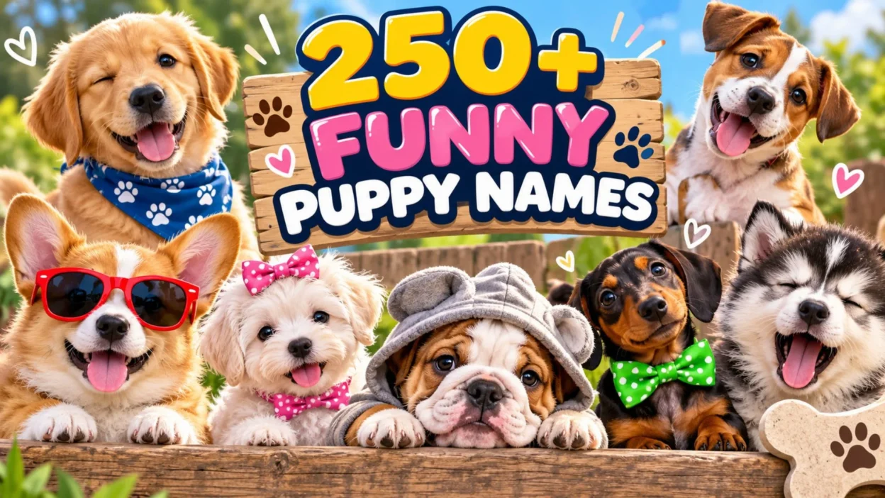 250+ funny puppy names featured with adorable puppies wearing colorful accessories