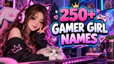 250+ gamer girl names featuring a cute gamer girl, pink gaming headset, and neon gaming setup