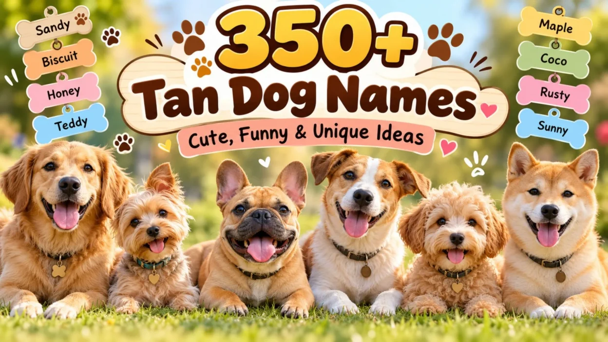 350+ tan dog names featuring cute tan puppies with names like Sandy, Biscuit, Honey, Teddy, and Maple.