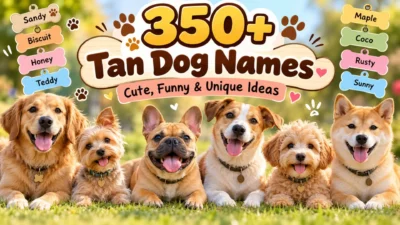 350+ tan dog names featuring cute tan puppies with names like Sandy, Biscuit, Honey, Teddy, and Maple.