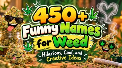 450+ funny names for weed featuring playful cannabis characters and creative green-themed illustrations