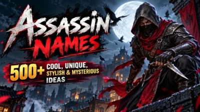 Assassin names graphic with a hooded warrior, moonlit city, and 500+ cool, unique, stylish ideas