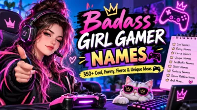 Badass girl gamer names featuring a neon pink gaming setup, female gamer, controller, and cool username ideas
