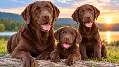 Three adorable chocolate Labrador dogs sitting together by a lake at sunset.