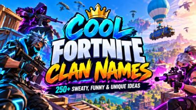 Cool Fortnite clan names featuring colorful gaming characters and a neon battle royale background