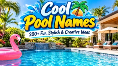 Cool pool names with a tropical backyard pool, pink flamingo float, and 200+ fun creative ideas