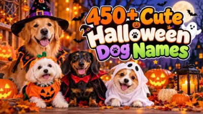 450+ cute Halloween dog names featuring adorable dogs dressed in spooky costumes with pumpkins.