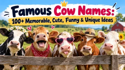 Famous cow names with five cute cows in a sunny farm setting