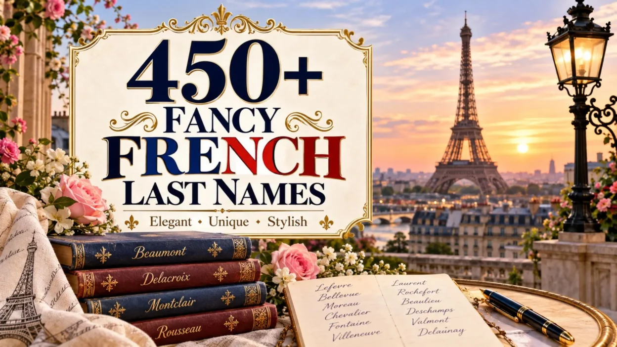 450+ fancy French last names featuring elegant, unique, and stylish surnames against a romantic Paris sunset.