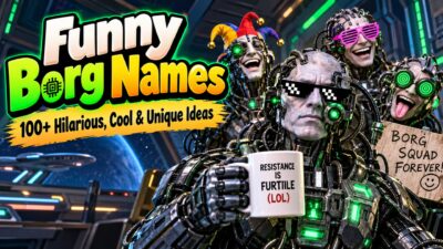 Funny Borg names featuring hilarious cyborg characters with glowing green implants in a futuristic sci-fi setting.