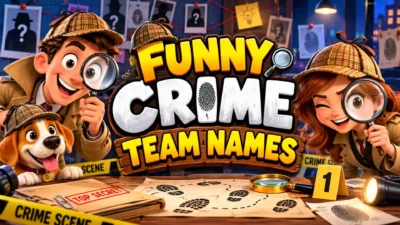 : Funny crime team names with cartoon detectives, magnifying glasses, and a mystery investigation scene