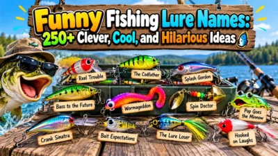 Funny fishing lure names with colorful lures, a smiling fish, and clever fishing puns on a lakeside dock.