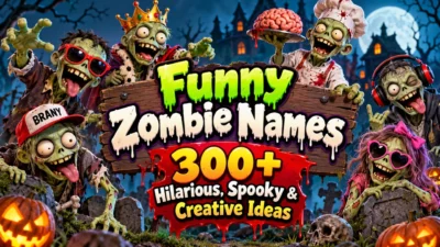 Funny zombie names with 300+ hilarious, spooky, and creative zombie ideas in a colorful Halloween graveyard