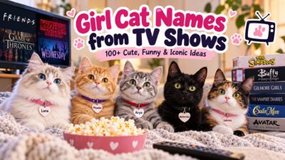 Girl cat names from TV shows featuring five adorable cats named Luna, Phoebe, Arya, Wednesday, and Sabrina.