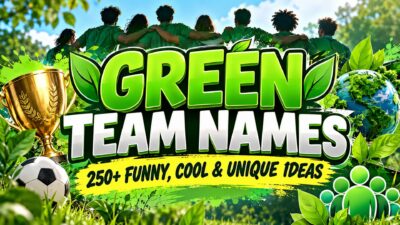 Green team names banner featuring a trophy, soccer ball, green team, and 250+ funny, cool, and unique ideas.