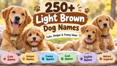 Four adorable light brown dogs with a banner featuring 250+ cute, unique, and funny light brown dog names.