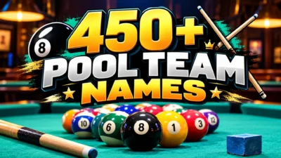 450+ pool team names featured on a billiards table with colorful pool balls, cues, and an eight ball.