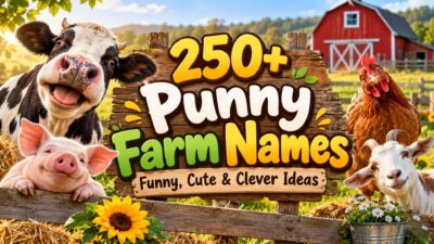 : 250+ punny farm names featuring a cow, pig, chicken, and goat beside a rustic farm sign