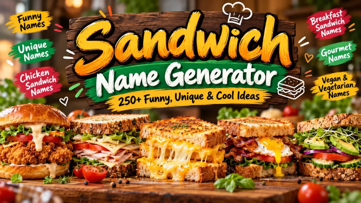 Sandwich name generator banner featuring funny, unique, chicken, breakfast, gourmet, and vegetarian sandwich name ideas.