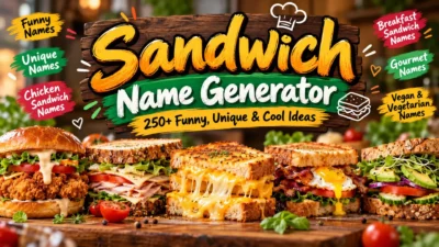 Sandwich name generator banner featuring funny, unique, chicken, breakfast, gourmet, and vegetarian sandwich name ideas.