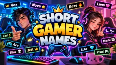 Short gamer names featuring cool gaming usernames, neon lights, and cartoon esports characters