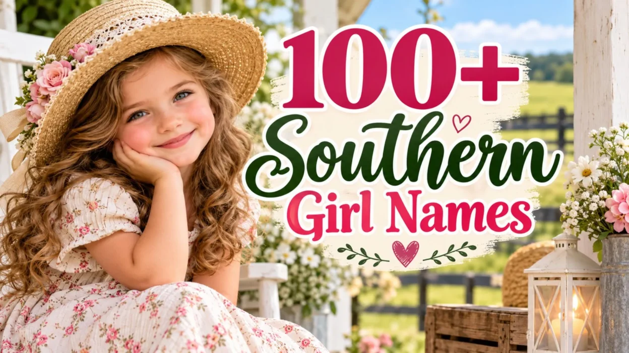 100+ Southern girl names featuring a little girl in a floral dress and straw hat with a charming country background