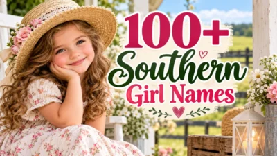 100+ Southern girl names featuring a little girl in a floral dress and straw hat with a charming country background