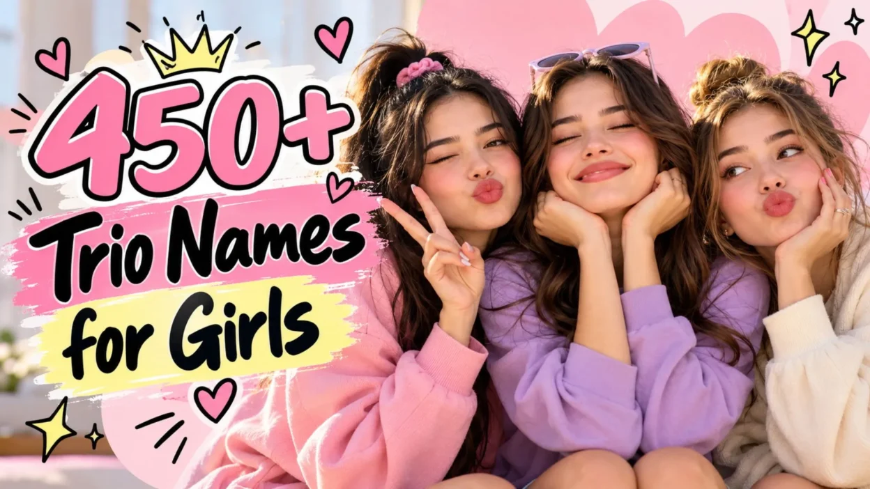 : 450+ trio names for girls with three best friends in pink, purple, and cream outfits